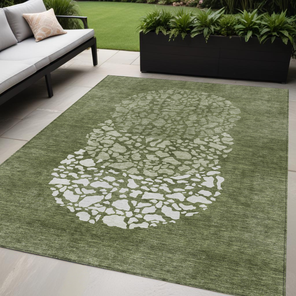 5' X 8' Olive Green And Artichoke Green Abstract Washable Indoor Outdoor Area Rug