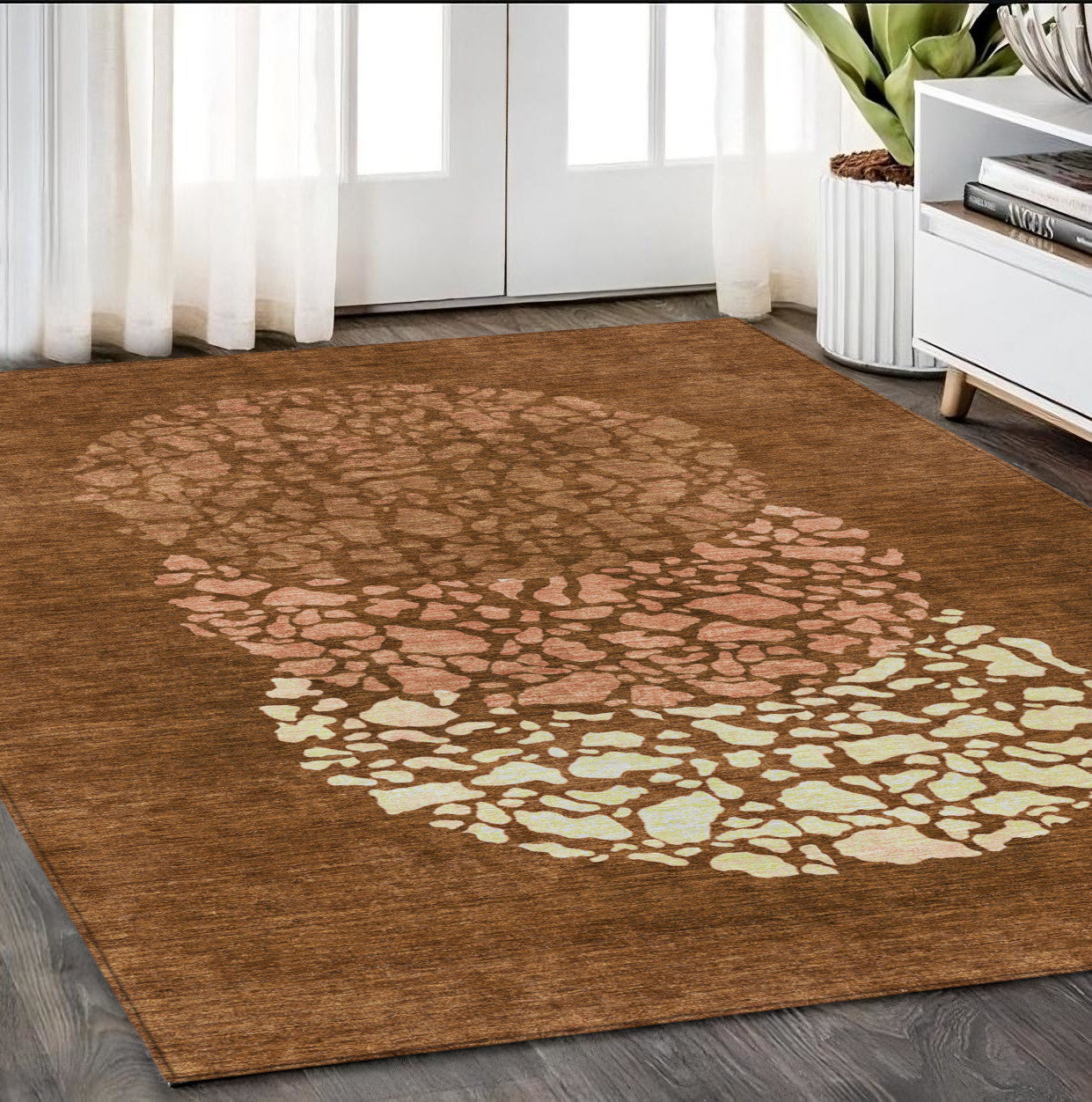 5' X 8' Orange Terra Cotta And Ivory Abstract Washable Indoor Outdoor Area Rug