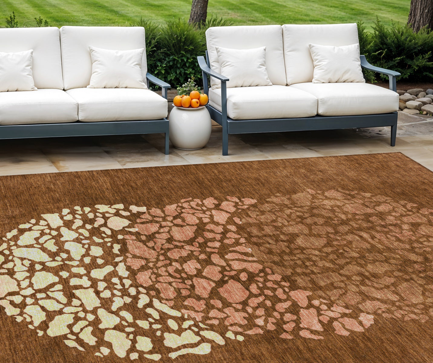 9' X 12' Orange Terra Cotta And Ivory Abstract Washable Indoor Outdoor Area Rug