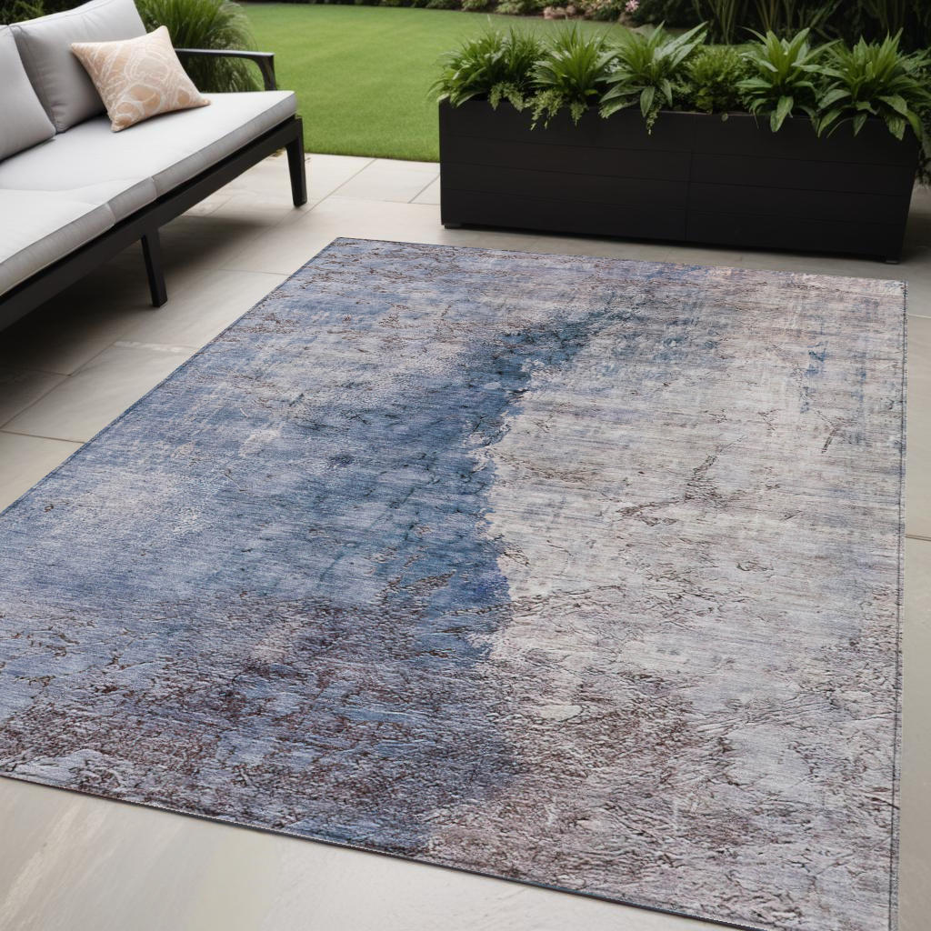 5' X 8' Navy Blue And Gray Abstract Washable Indoor Outdoor Area Rug