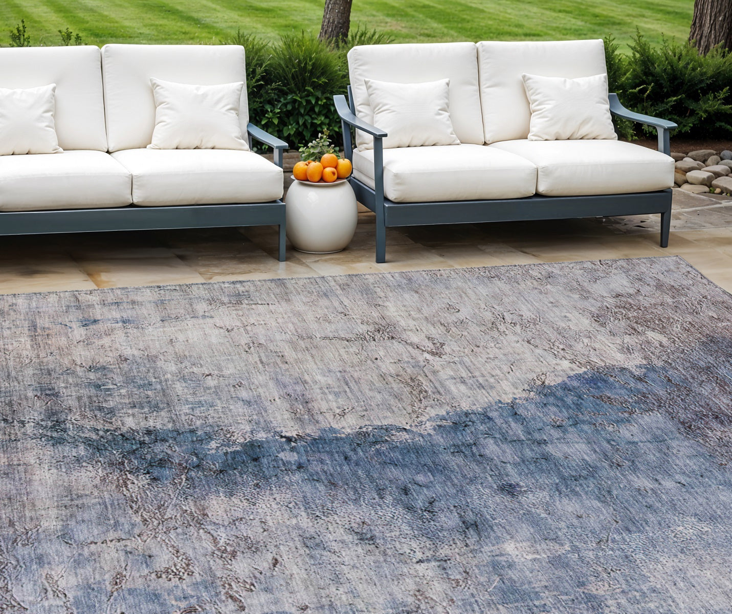 9' X 12' Navy Blue And Gray Abstract Washable Indoor Outdoor Area Rug