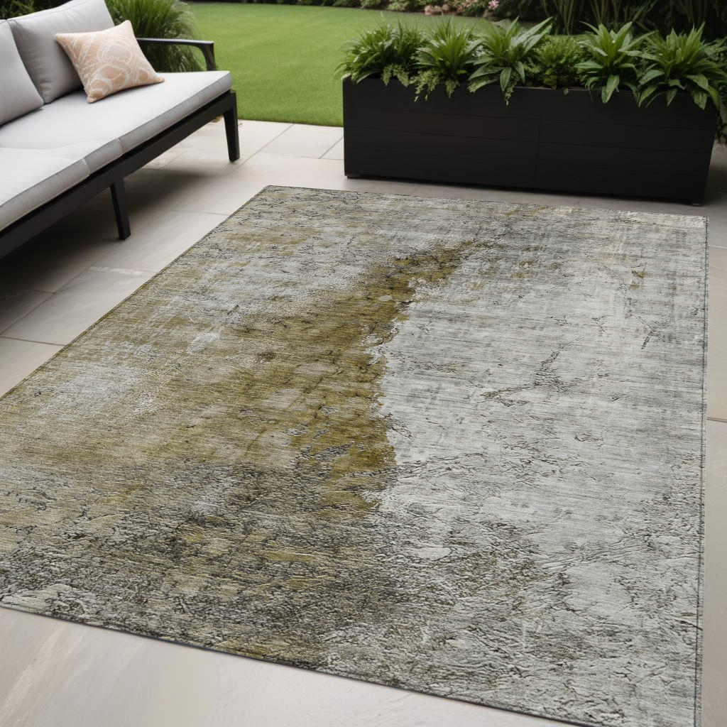 5' X 8' Brown Gray And Silver Abstract Washable Indoor Outdoor Area Rug