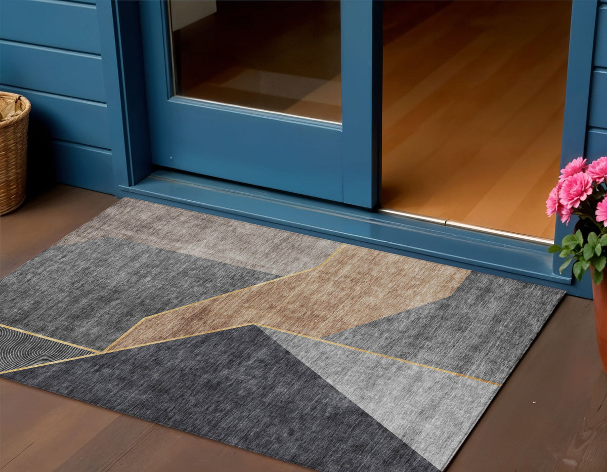 3' X 5' Charcoal Taupe And Gray Geometric Washable Indoor Outdoor Area Rug