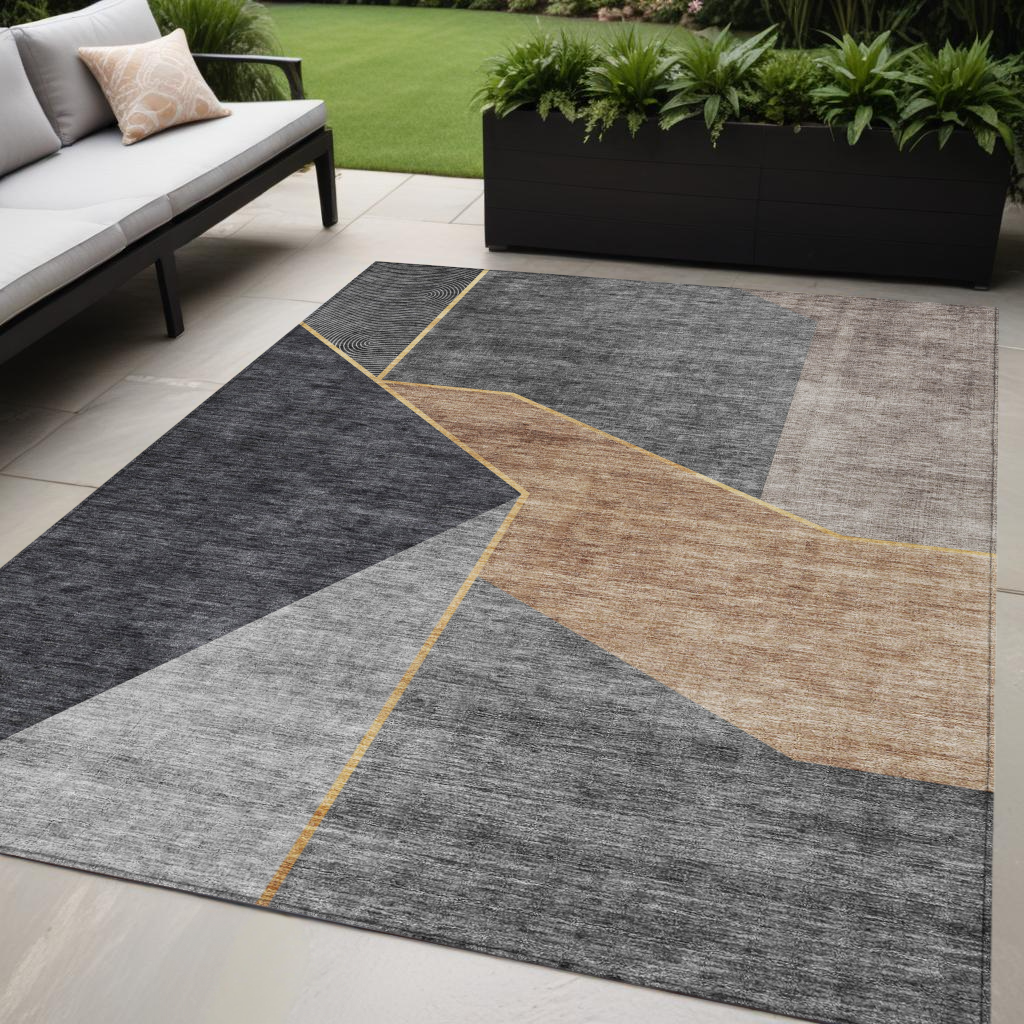 5' X 8' Charcoal Taupe And Gray Geometric Washable Indoor Outdoor Area Rug