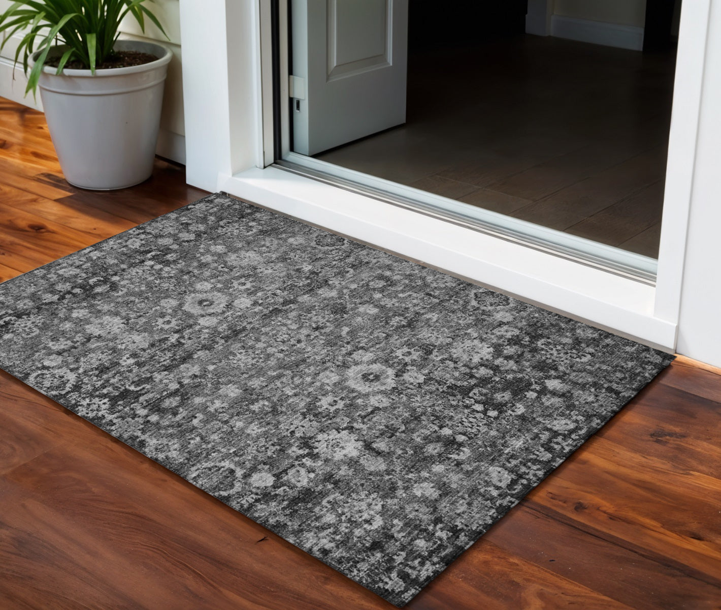 3' X 5' Gray Charcoal And Silver Oriental Washable Indoor Outdoor Area Rug