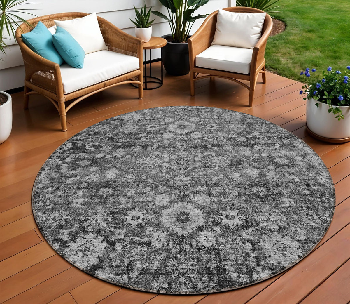 8' Gray Charcoal And Silver Round Oriental Washable Indoor Outdoor Area Rug