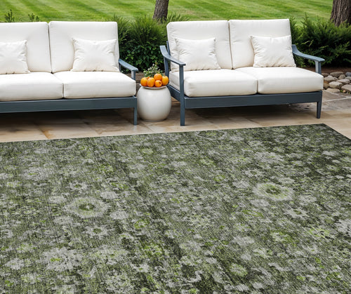 10' X 14' Green And Olive Green Oriental Washable Indoor Outdoor Area Rug