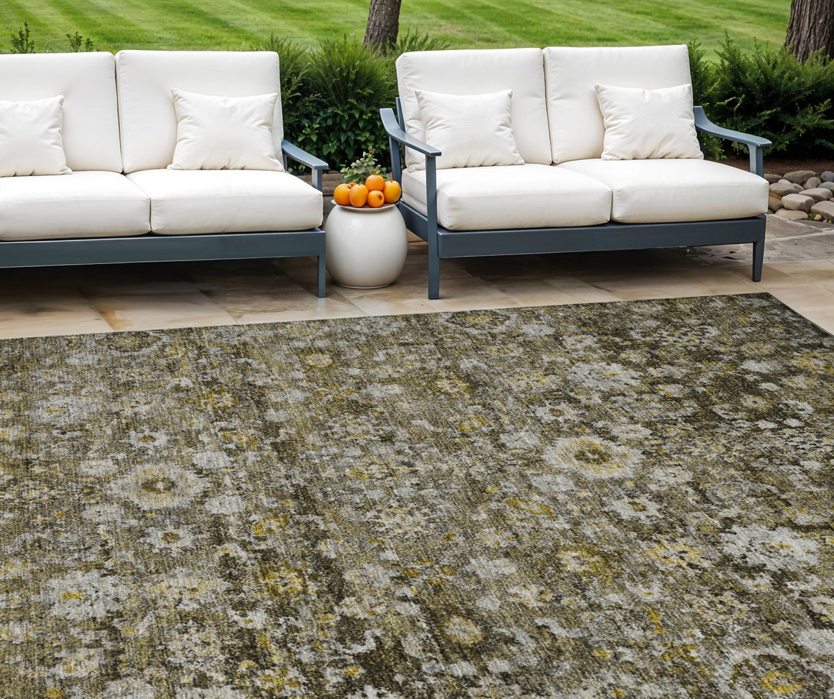 10' X 14' Brown And Beige Oriental Washable Indoor Outdoor Area Rug