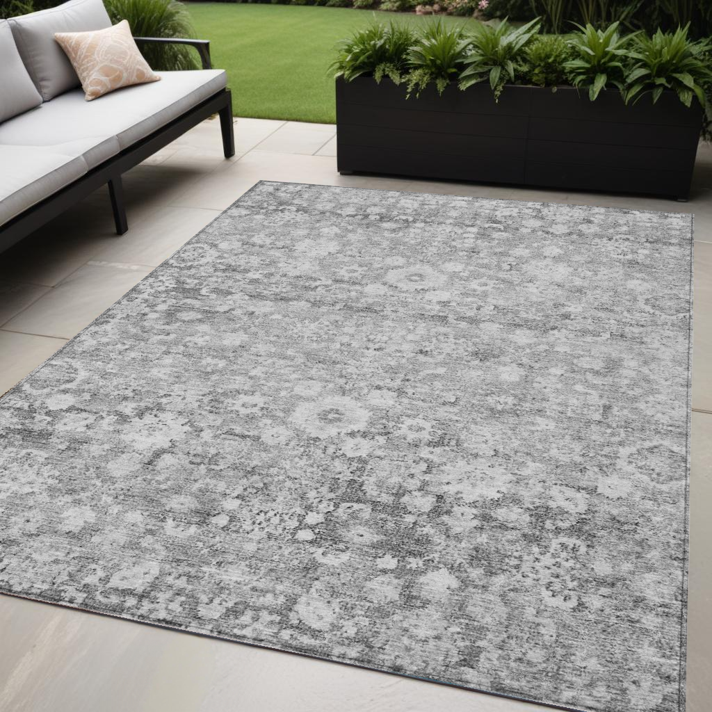 5' X 8' Silver Gray And Pewter Oriental Washable Indoor Outdoor Area Rug