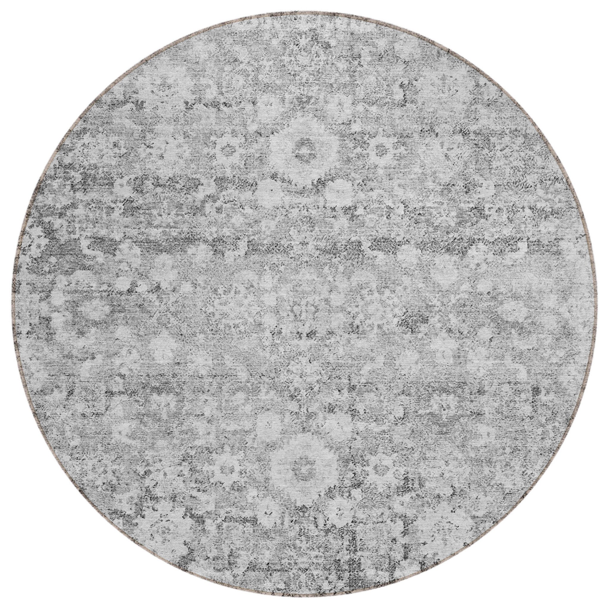 8' Silver Gray And Pewter Round Oriental Washable Indoor Outdoor Area Rug