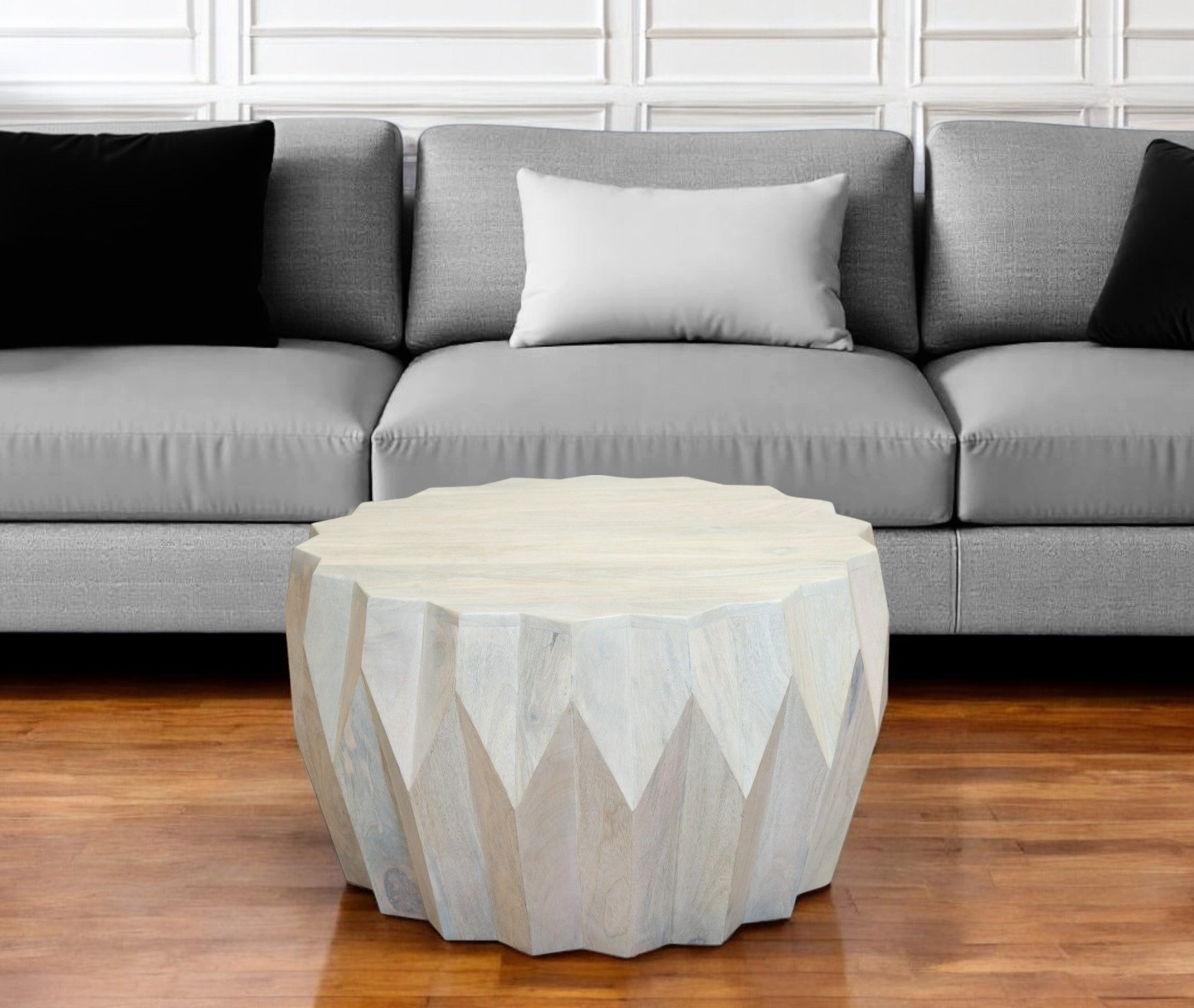 32'' Off White Solid Wood Round Block Coffee Table