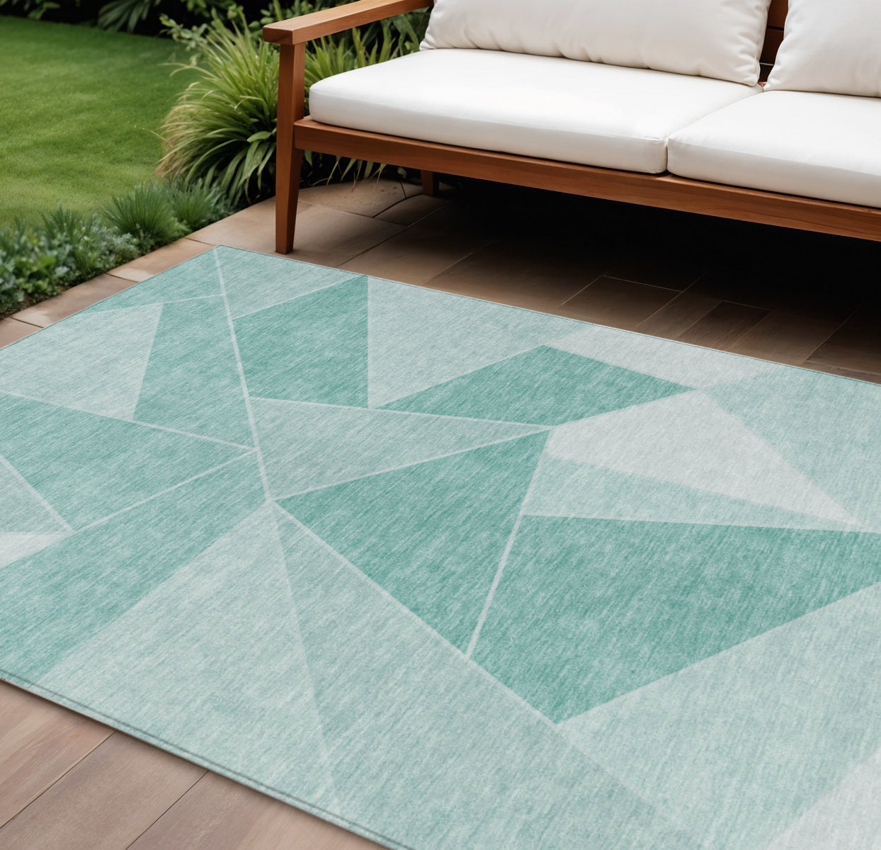 10' X 14' Mint Green And Aqua Geometric Washable Indoor Outdoor Area Rug