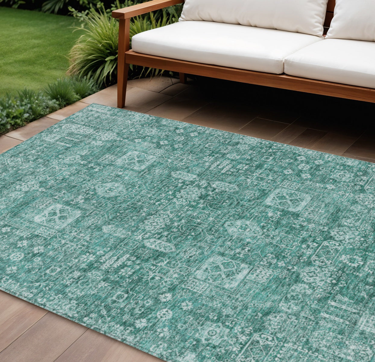 5' X 8' Dark Green And Aqua Oriental Washable Indoor Outdoor Area Rug