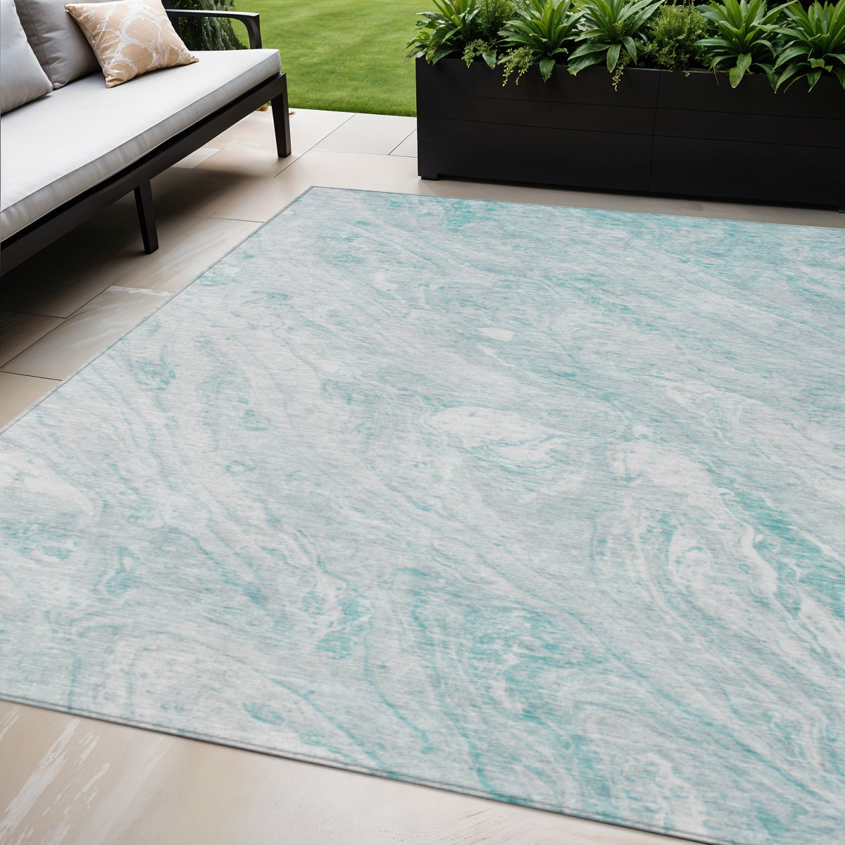 5' X 8' Aquamarine Aqua And Ivory Abstract Washable Indoor Outdoor Area Rug