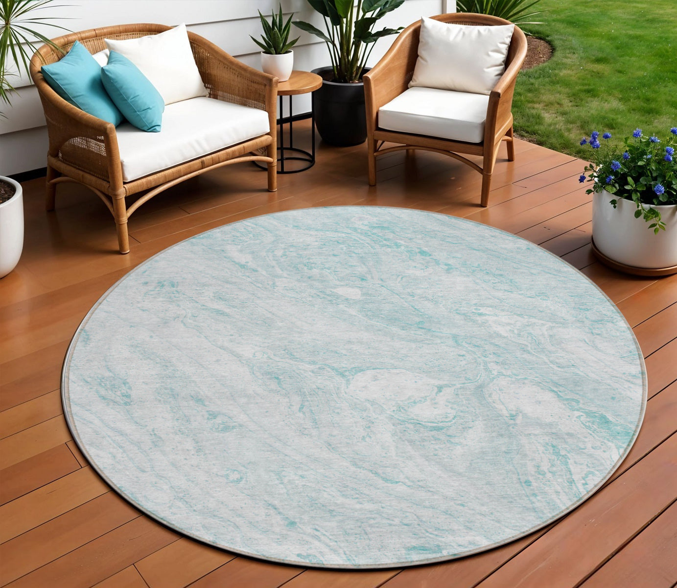 8' Aquamarine Aqua And Ivory Round Abstract Washable Indoor Outdoor Area Rug
