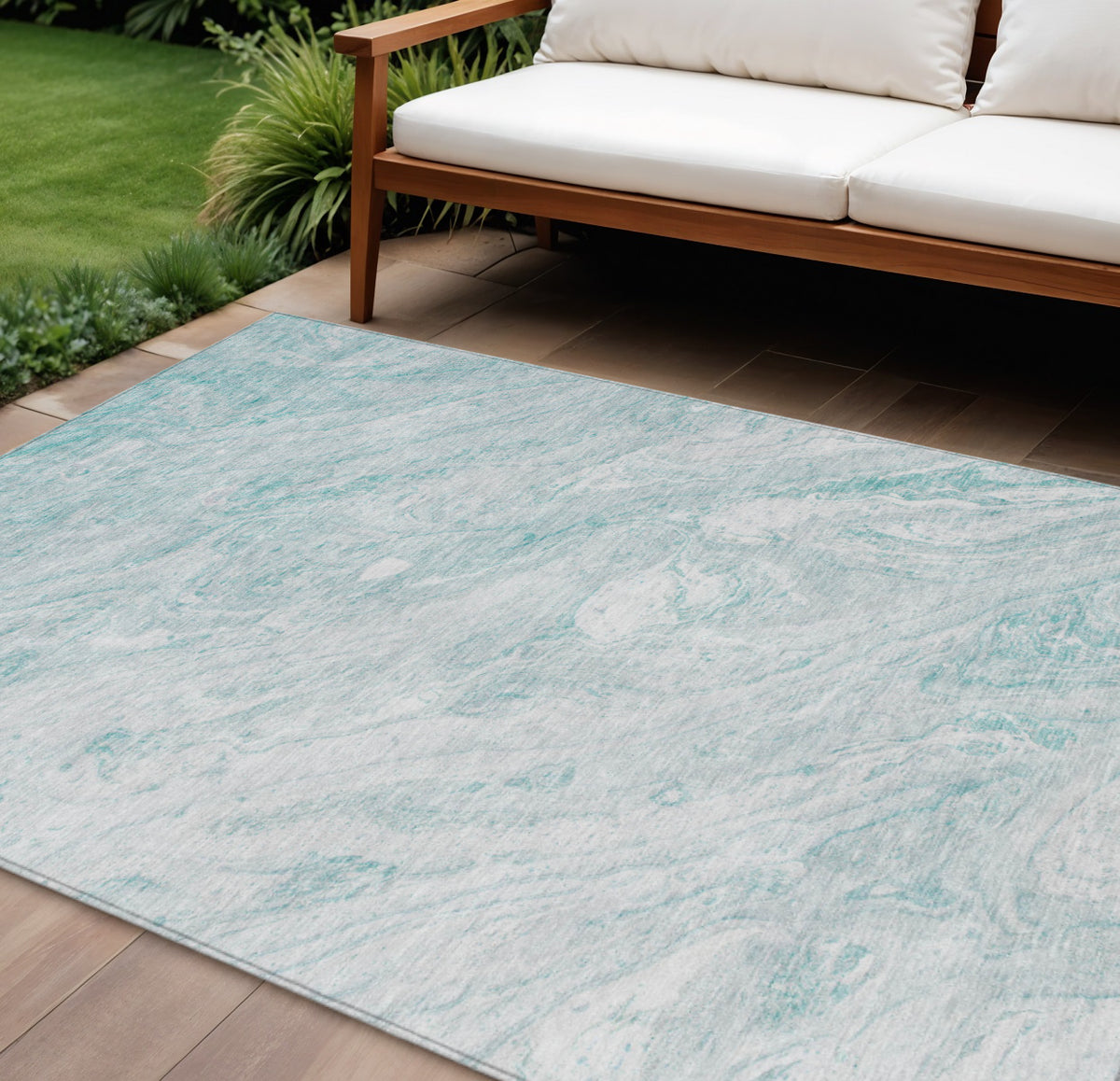 10' X 14' Aquamarine Aqua And Ivory Abstract Washable Indoor Outdoor Area Rug