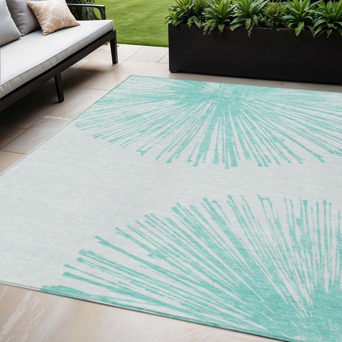 5' X 8' Aquamarine And Ivory Abstract Washable Indoor Outdoor Area Rug