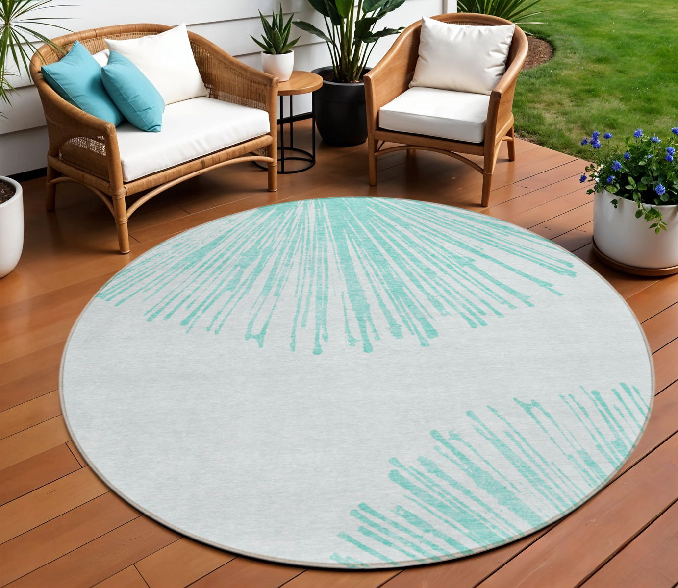 8' Aquamarine And Ivory Round Abstract Washable Indoor Outdoor Area Rug
