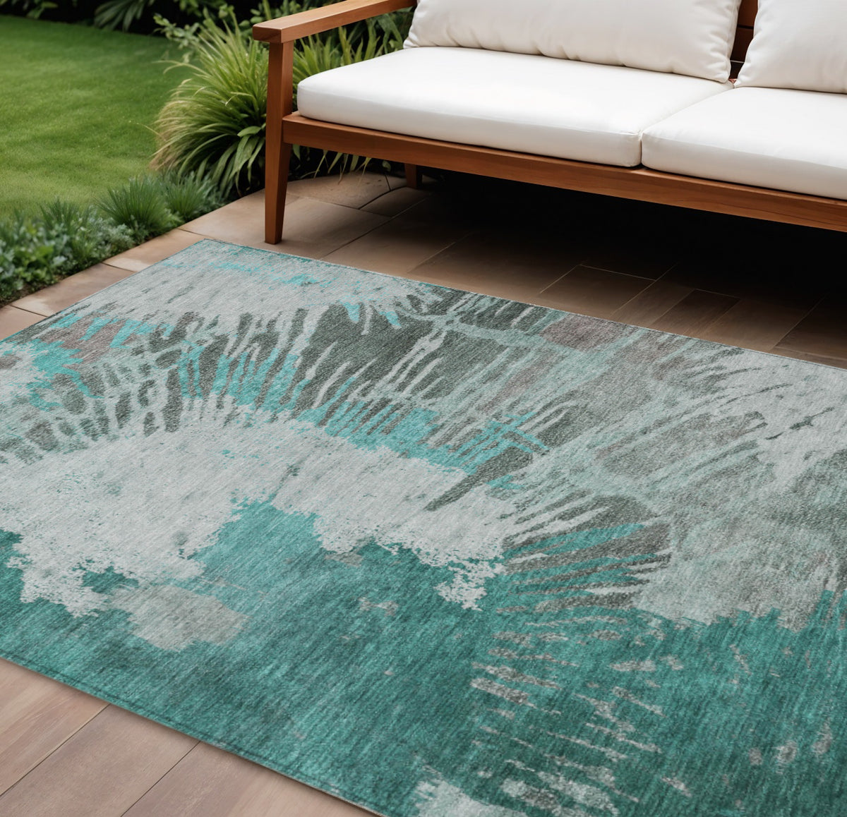 9' X 12' Dark Green Aqua And Gray Abstract Washable Indoor Outdoor Area Rug