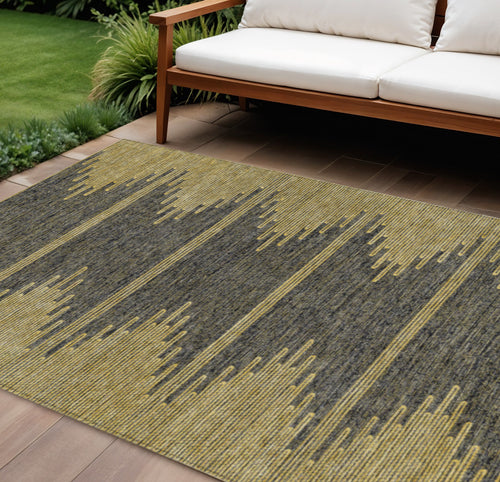 10' X 14' Dark Gray And Gold Abstract Washable Indoor Outdoor Area Rug