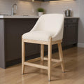 27 Beige and Natural Fabric and Solid Wood Counter Height Bar Chair