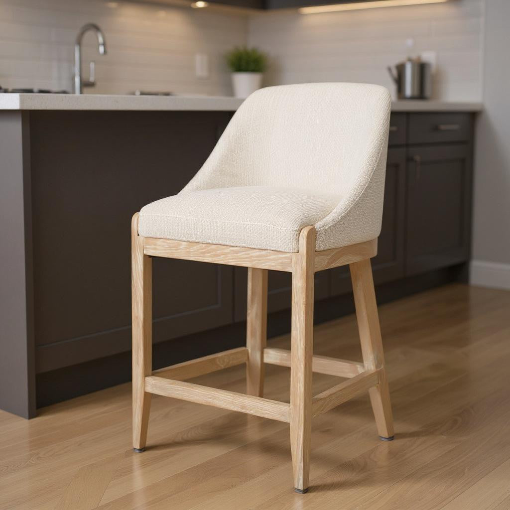 27 Beige and Natural Fabric and Solid Wood Counter Height Bar Chair