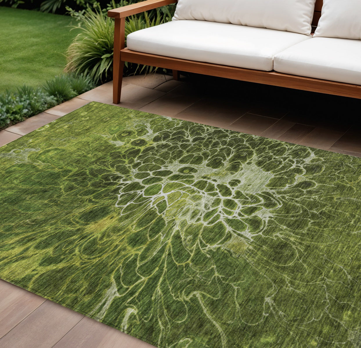 9' X 12' Olive Green And Sage Abstract Washable Indoor Outdoor Area Rug