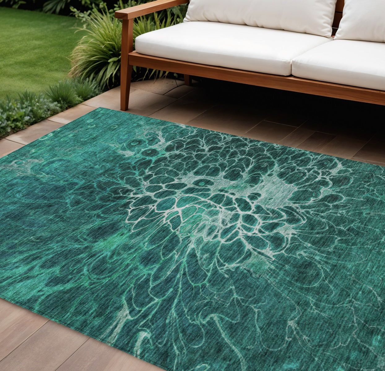 9' X 12' Teal Blue Aqua And Turquoise Abstract Washable Indoor Outdoor Area Rug