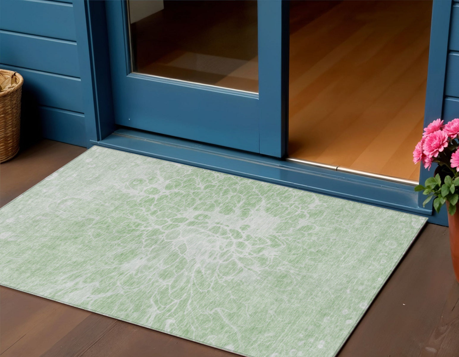 3' X 5' Mint Green And Ivory Abstract Washable Indoor Outdoor Area Rug