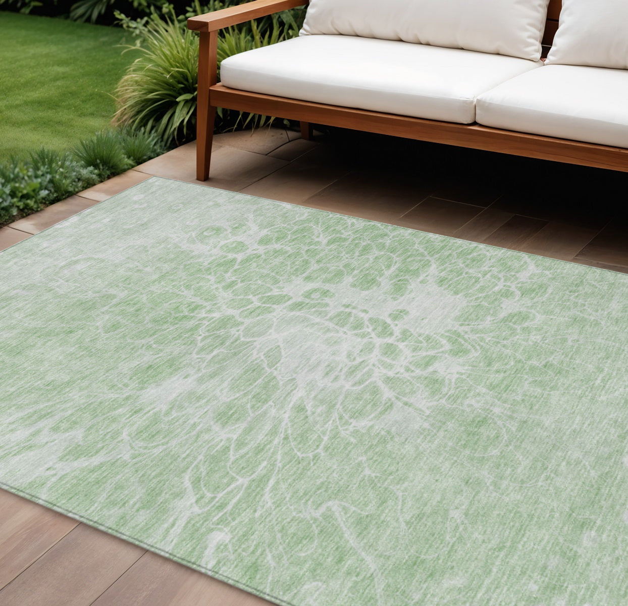 9' X 12' Mint Green And Ivory Abstract Washable Indoor Outdoor Area Rug