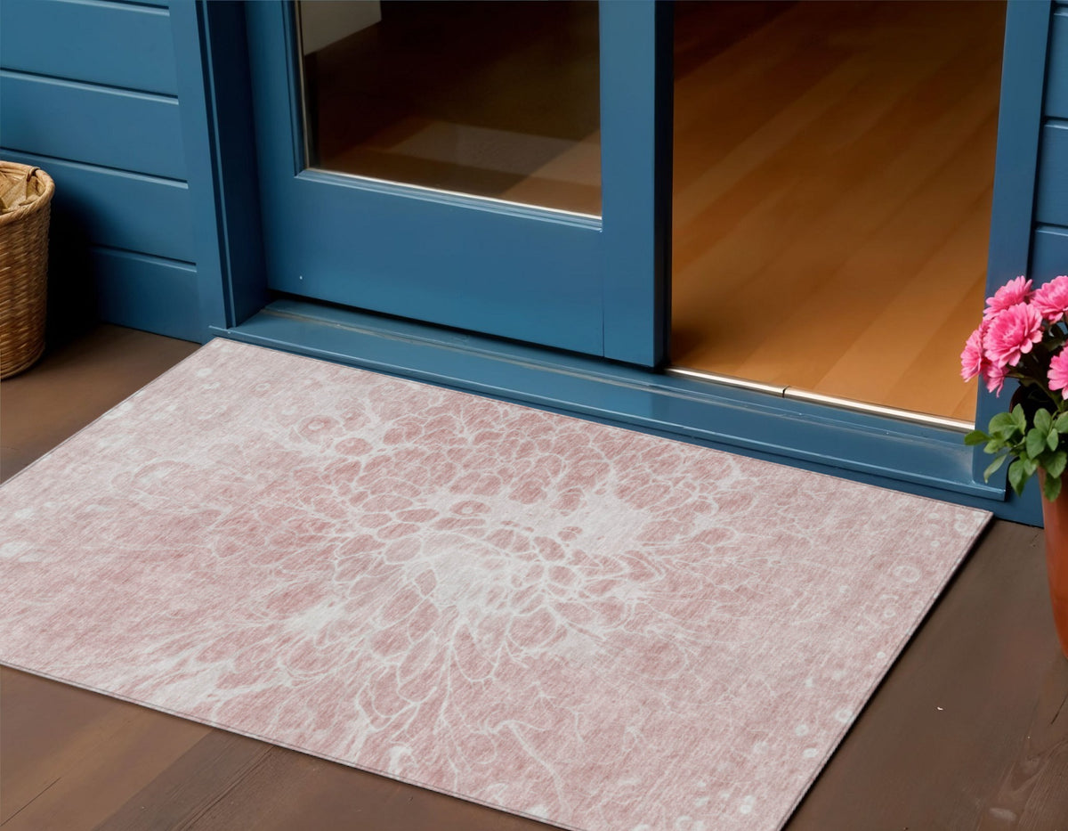 3' X 5' Pink Blush And Ivory Abstract Washable Indoor Outdoor Area Rug
