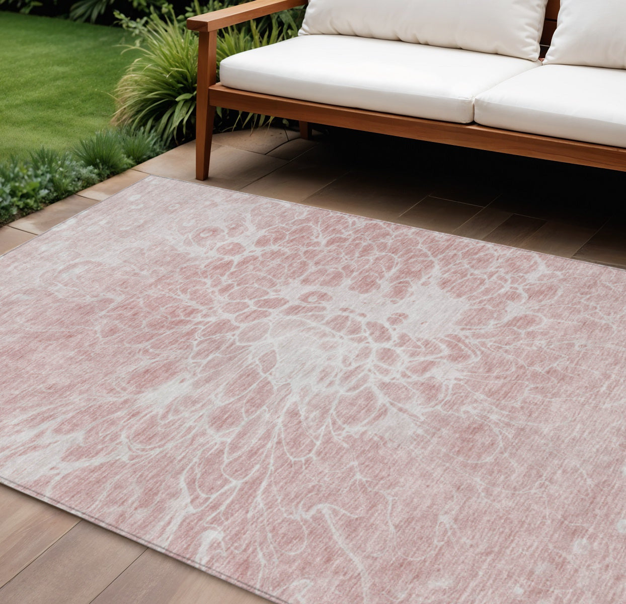 9' X 12' Pink Blush And Ivory Abstract Washable Indoor Outdoor Area Rug