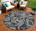 8' Black Gray And White Round Paisley Washable Indoor Outdoor Area Rug