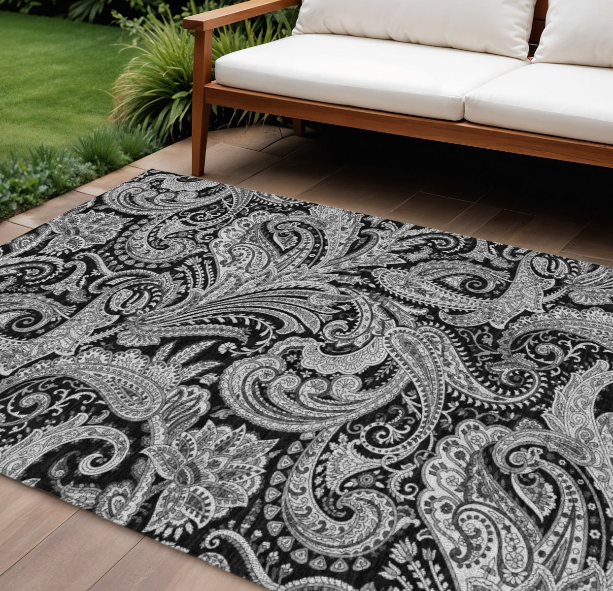 10' X 14' Black Gray And White Paisley Washable Indoor Outdoor Area Rug