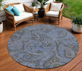 8' Charcoal Gray And Blue Round Paisley Washable Indoor Outdoor Area Rug