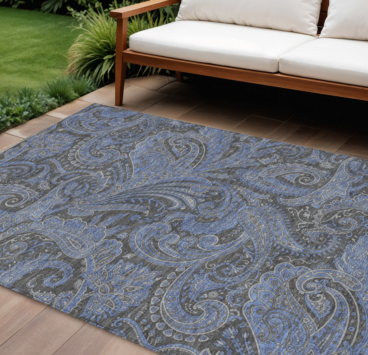 10' X 14' Charcoal Gray And Blue Paisley Washable Indoor Outdoor Area Rug