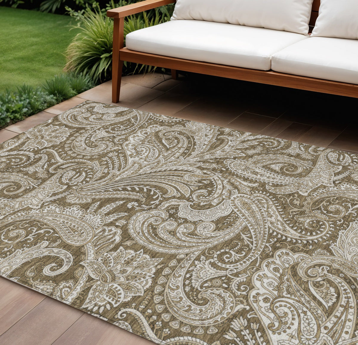 9' X 12' Chocolate Beige And Ivory Paisley Washable Indoor Outdoor Area Rug
