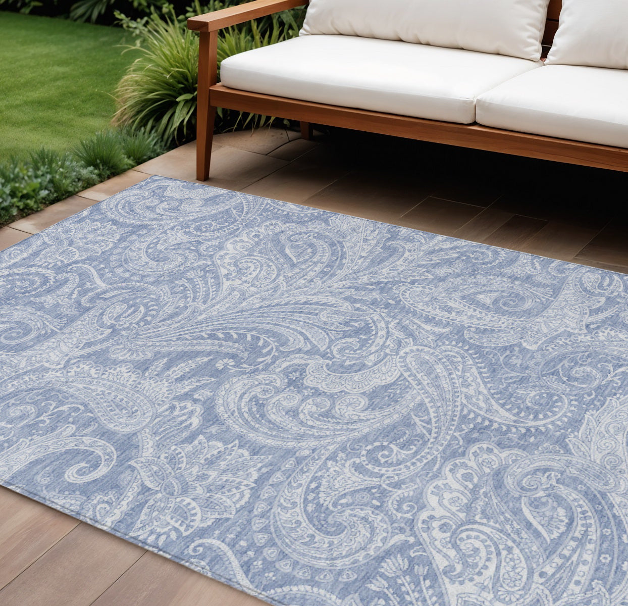 8' X 10' Denim Blue Sky Blue And Ivory Paisley Washable Indoor Outdoor Area Rug