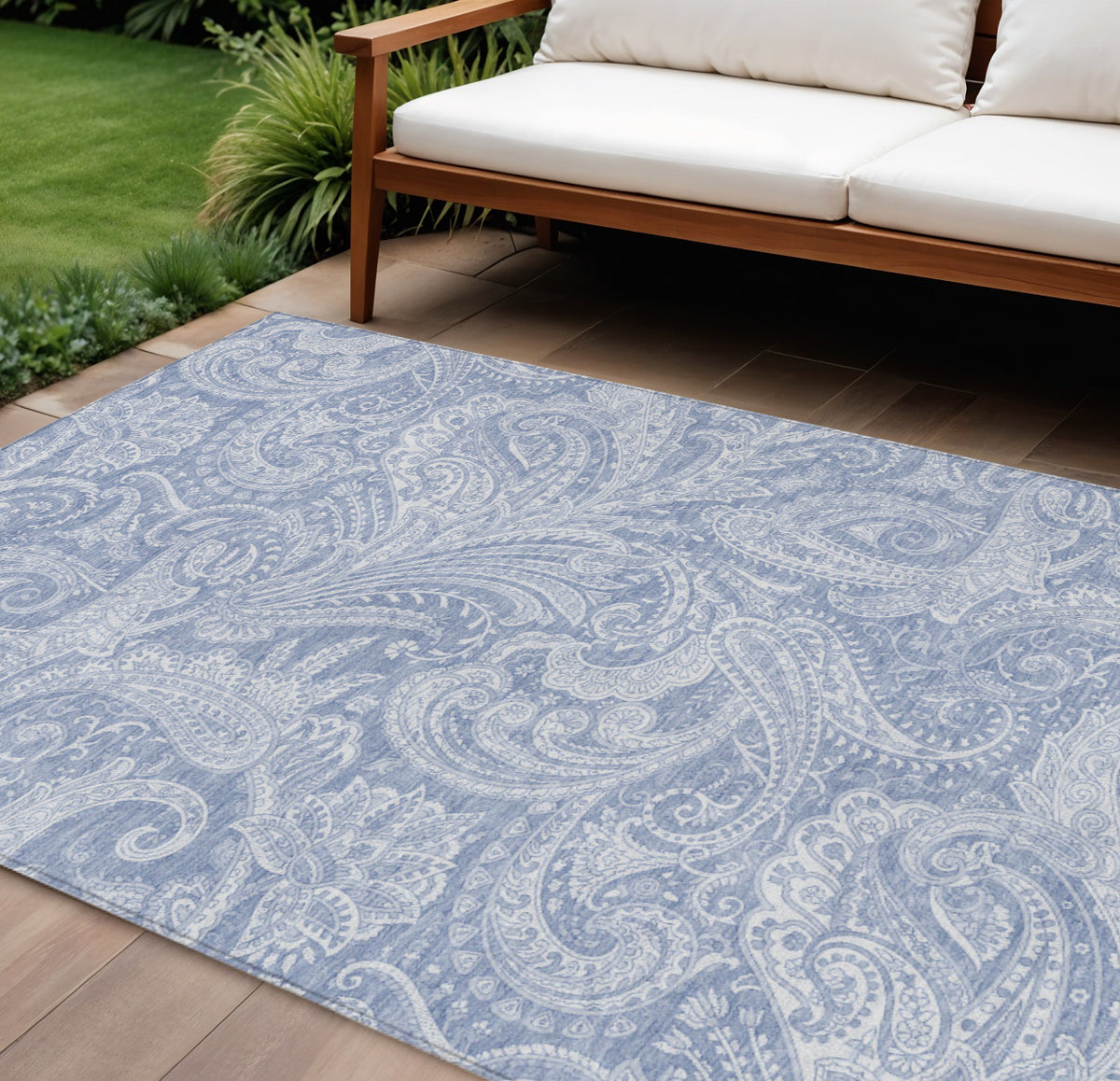 10' X 14' Denim Blue Sky Blue And Ivory Paisley Washable Indoor Outdoor Area Rug