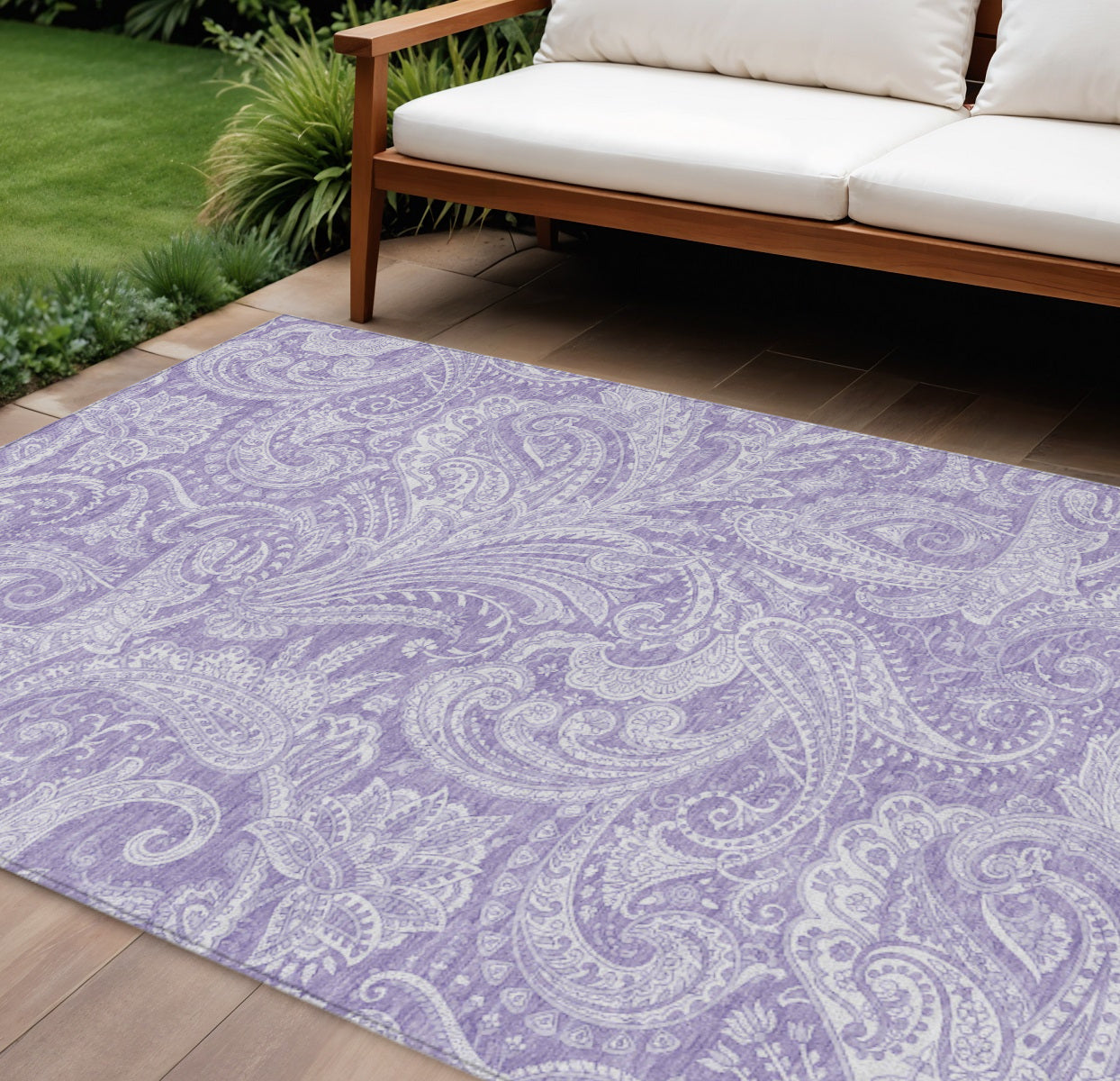 9' X 12' Lavender Purple And Ivory Paisley Washable Indoor Outdoor Area Rug