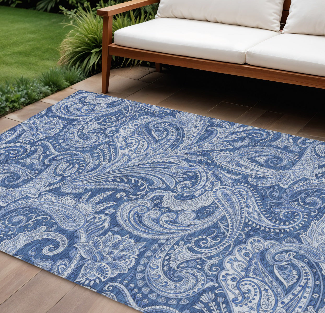 9' X 12' Navy Blue And Denim Blue Paisley Washable Indoor Outdoor Area Rug
