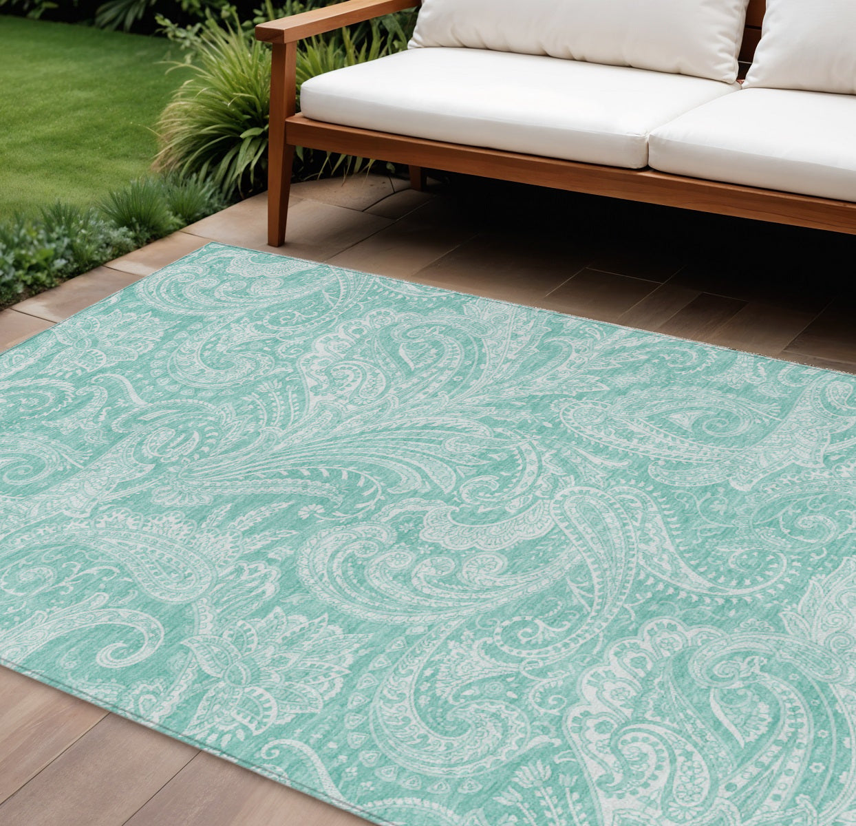 9' X 12' Teal Blue And Ivory Paisley Washable Indoor Outdoor Area Rug