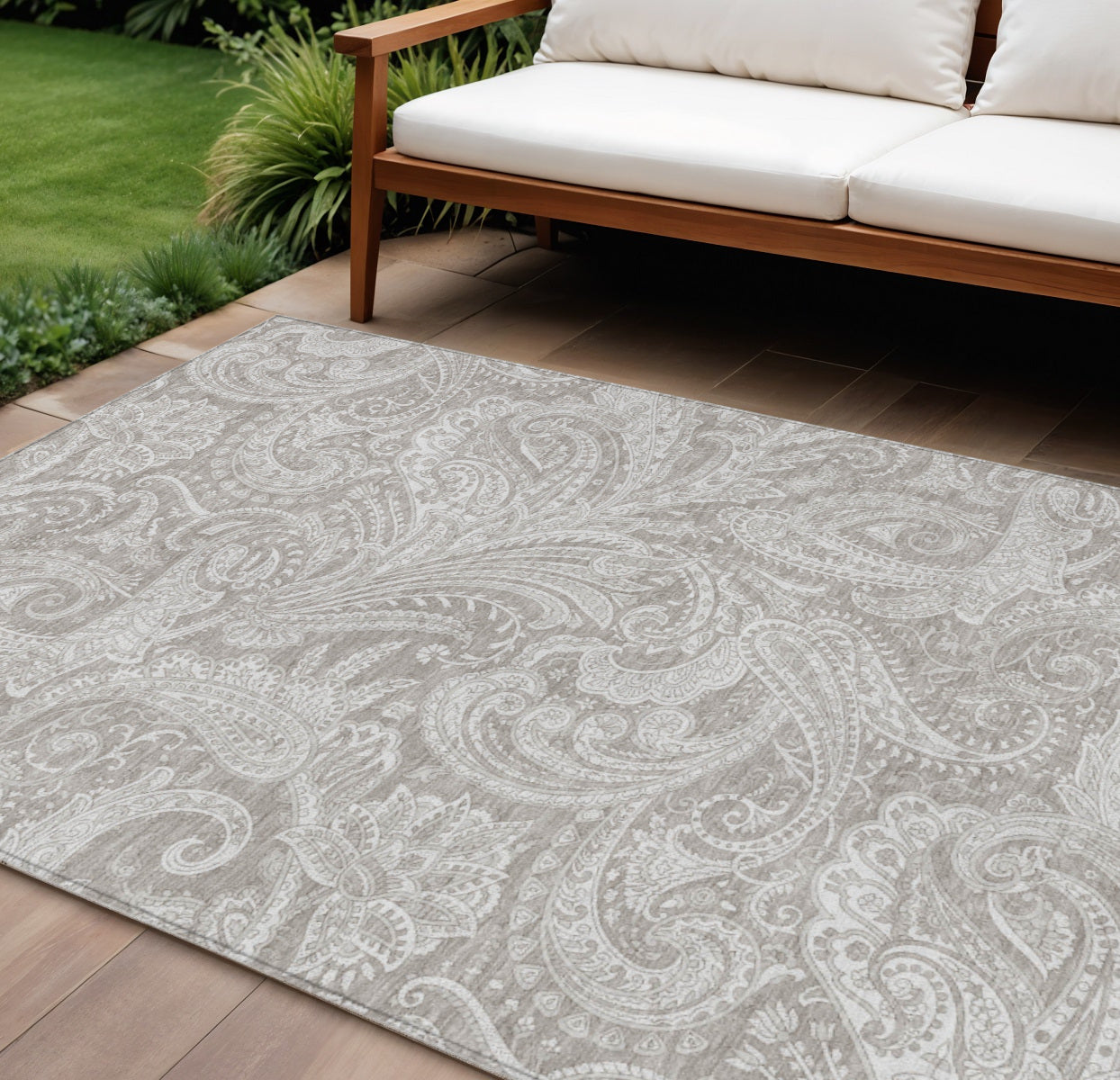 9' X 12' Taupe Beige And Ivory Paisley Washable Indoor Outdoor Area Rug