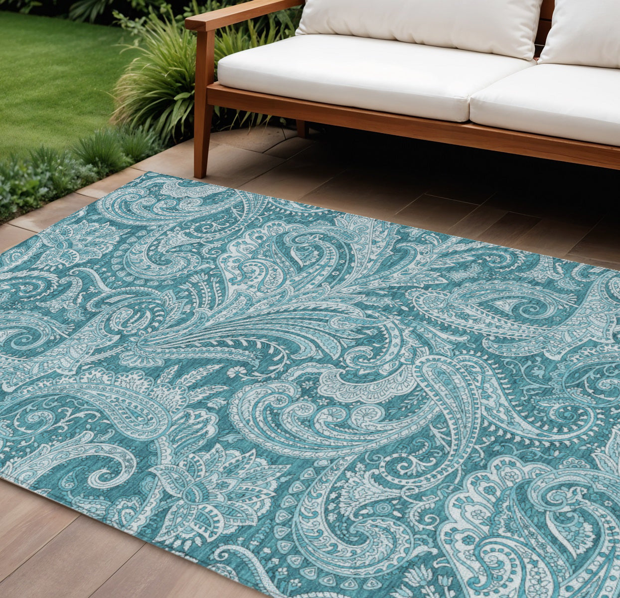 10' X 14' Turquoise And Ivory Paisley Washable Indoor Outdoor Area Rug