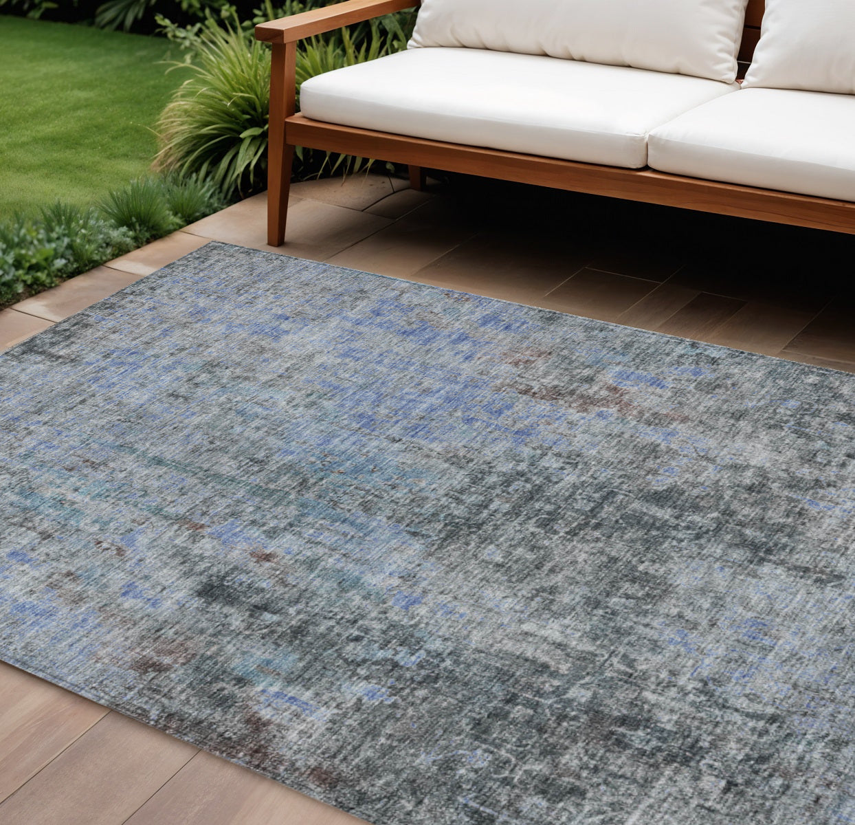 9' X 12' Gray Charcoal And Blue Abstract Washable Indoor Outdoor Area Rug