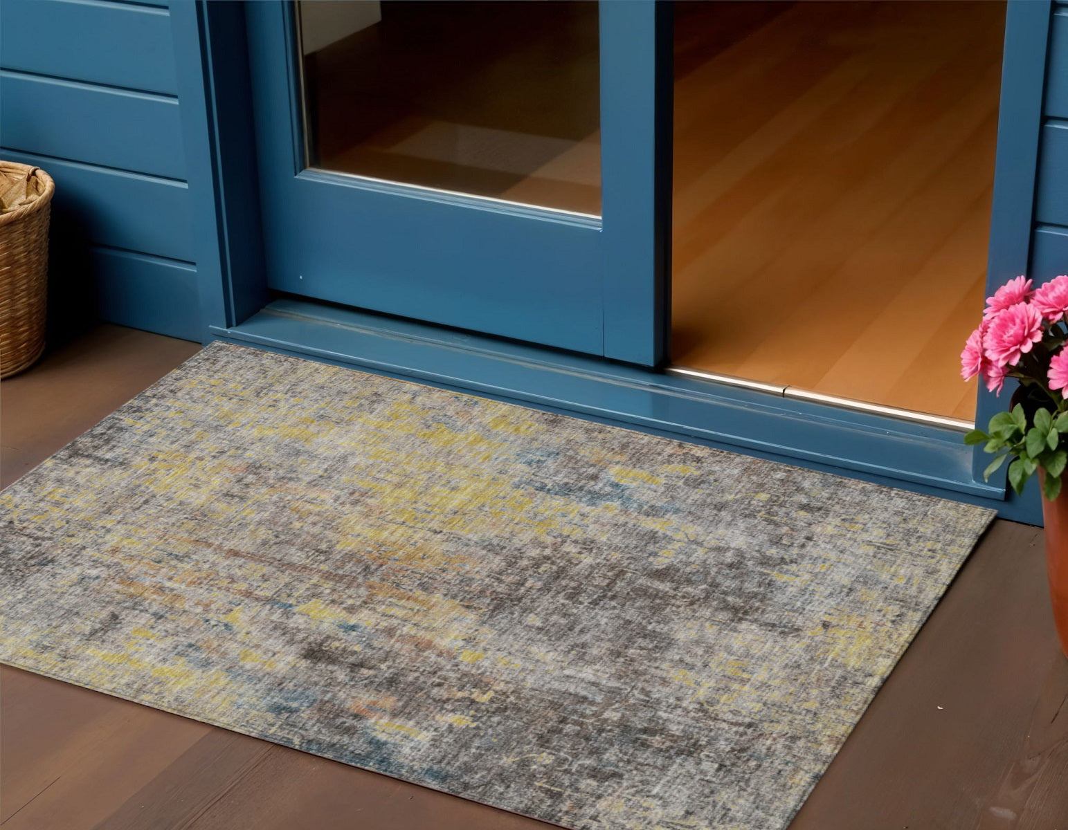 3' X 5' Brown And Gold Abstract Washable Indoor Outdoor Area Rug