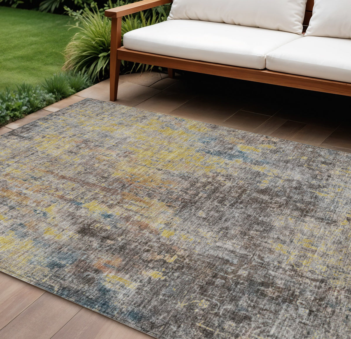 10' X 14' Brown And Gold Abstract Washable Indoor Outdoor Area Rug