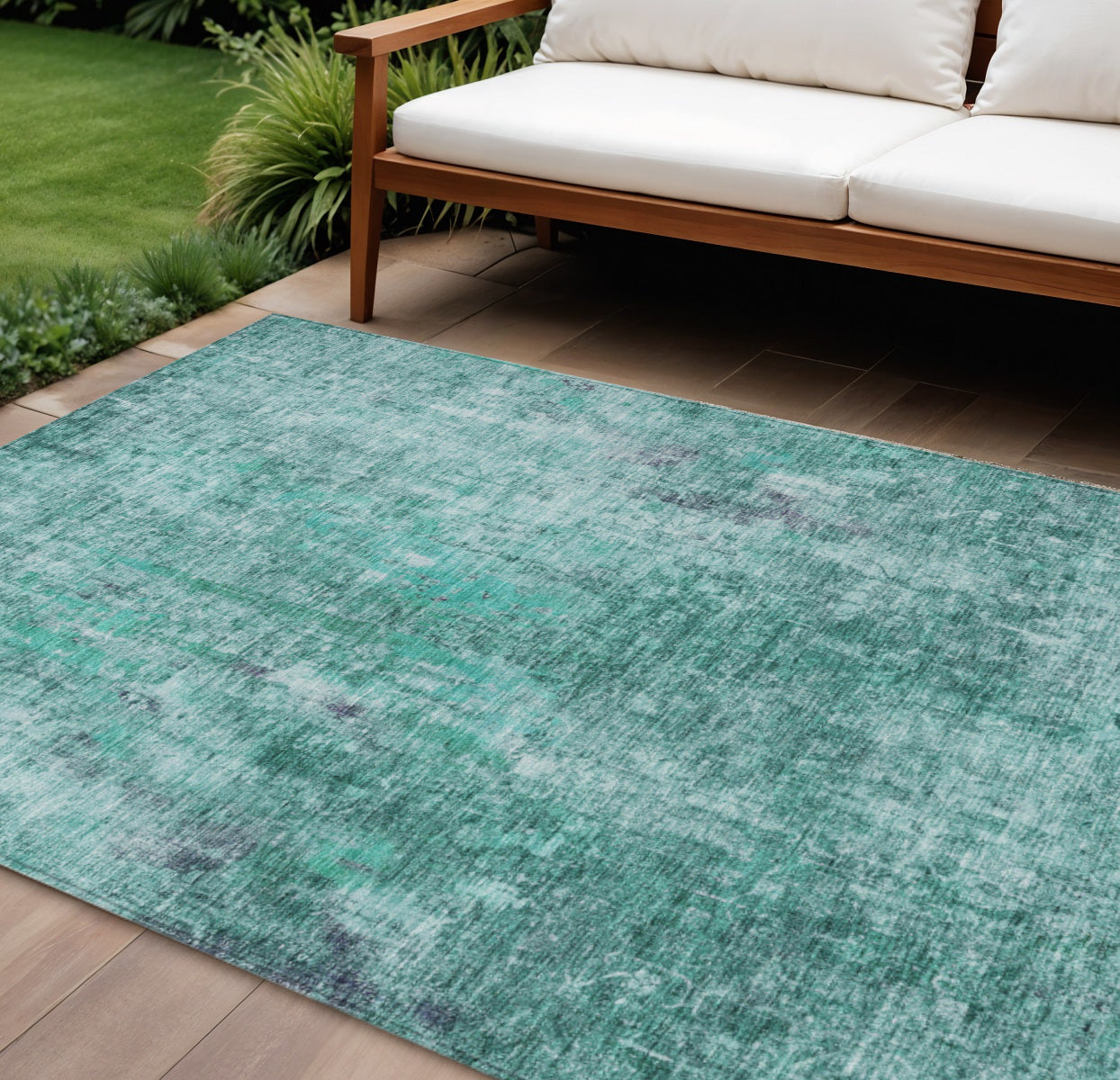 9' X 12' Teal Blue Green And Gray Abstract Washable Indoor Outdoor Area Rug