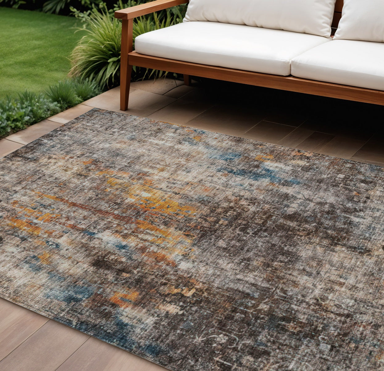 9' X 12' Taupe Chocolate And Copper Abstract Washable Indoor Outdoor Area Rug
