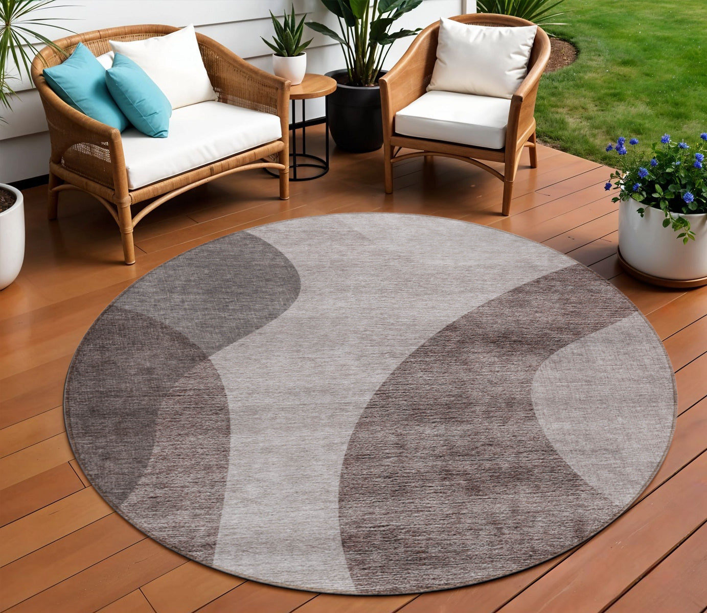 8' Brown Taupe And Beige Round Abstract Washable Indoor Outdoor Area Rug